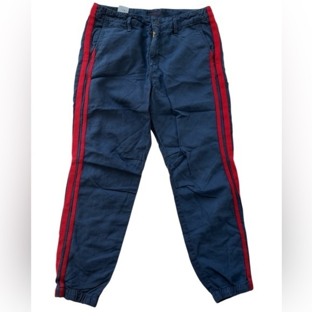 MOTHER Joggers The No Zip Misfit Navy Red Side Stripe Cotton Linen